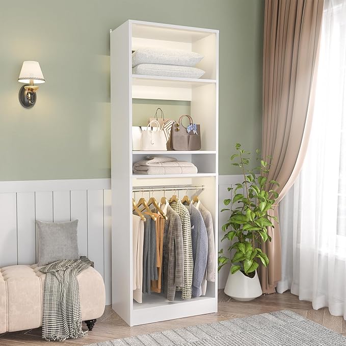Unikito Freestanding Closet System, 25” Closet Organizer Wardrobe with Hanging Rods & Shelve, Adjustable Clothes Garment Rack, Sturdy Walk in Closet Tower, Easy Assembly, 25" W x 16" D x 80" H, White