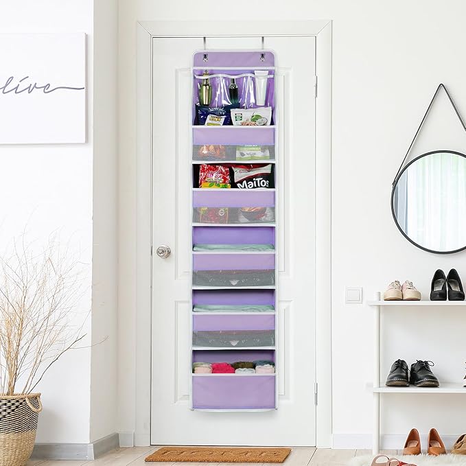 Univivi 6-Shelf Over Door Hanging Organizer Fabric Baby Door Storage with 5 Large Pockets and 3 Small PVC Pockets Wall Mount Hanging Storage Organizers for Baby Essential (Purple)