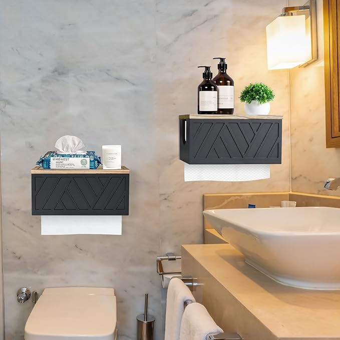 Set of 2 Paper Towel Dispenser Wall Mount, Paper Towel Holder Wall Mounted with Lid, Solid Wood Commercial C-Fold, Z-Fold, Trifold Hand Paper Towel Holder Hand Towel Holder for Bathroom Kitchen Decor