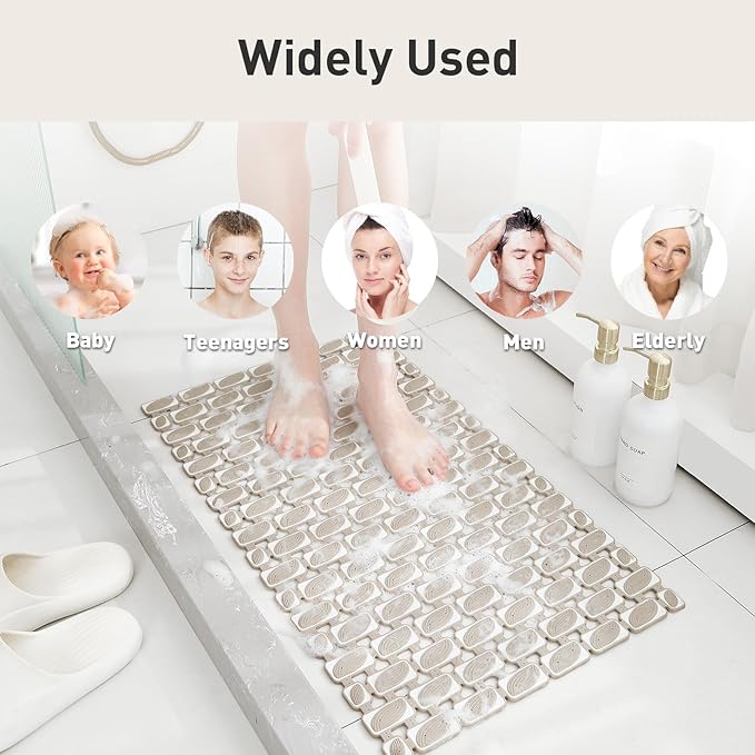 Shower Mat Non Slip Bathtub Mat, 27 x 16 Inch Eco-Friendly Soft Bath Mat for Tub Non Slip Shower Mats for Inside Shower with Suction Cups and Drain Holes, Easy to Clean Quick-Drying, Brown