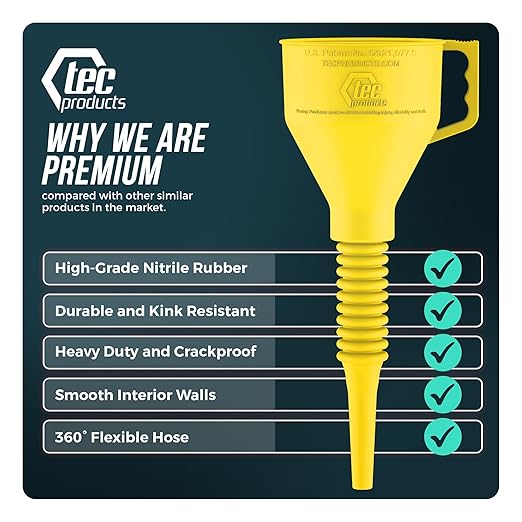 TEC Products FlexAll Long Flexible Funnel for Automotive Use - Durable Nitrile Rubber - Ideal for Car Oil Change, Transmission Funnel Fluid, Diesel, Fuel, Gas - Made in USA - Yellow (16 x 5 Inches)