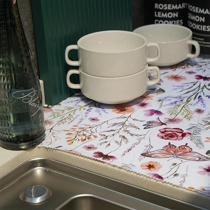 Floral Drawer and Shelf Liner for Kitchen Cabinets,16IN x 20FT Non-Adhesive and Strong Non-Slip Cabinet Drawer Liners for Kitchen Shelf, Waterproof Cupboard Liners,Easy to Clean