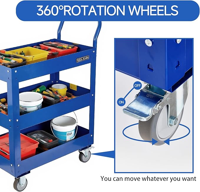 3 Tray 29.3 inch Tool Cart, self Assembly, 300 LBS Capacity Rolling Tool Carts on Wheels, Heavy Duty Utility Cart, Mechanic Tool Storage Cart for Garage, Warehouse and Repair Shop, Blue