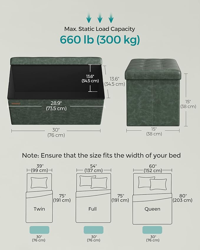 SONGMICS Mazie Collection - 30 Inches Folding Storage Ottoman Bench, Ottoman with Storage, Foot Rest Stool, Load 660 lb, for Living Room, Synthetic Leather, Forest Green ULSF040C01