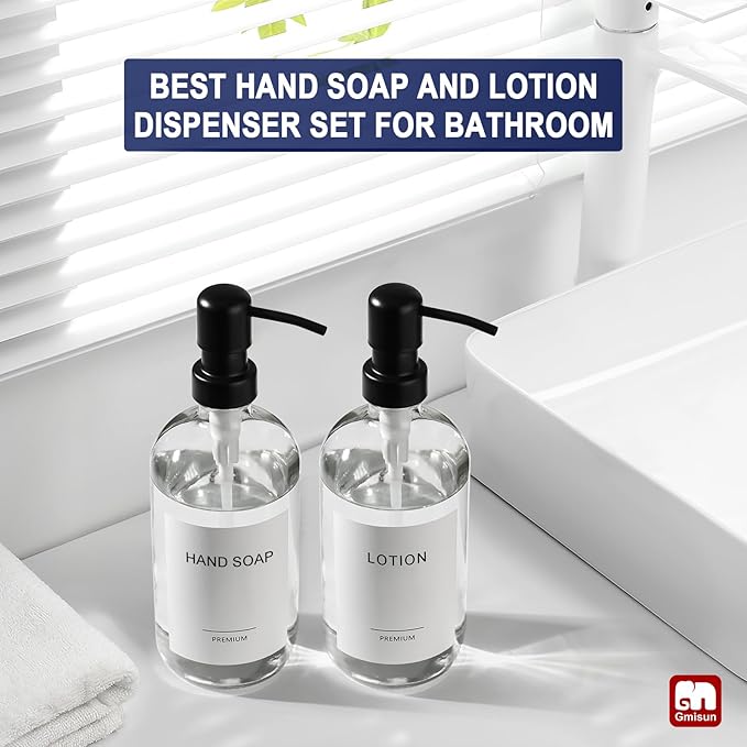 GMISUN Glass Soap Dispenser with Pump, 2 Pack Clear Bathroom Hand Soap Dispenser with Stainless Steel Pump, 17 Fl Oz Refillable Kitchen Hand and Dish Soap Dispensers Set, Modern Liquid Pump Bottles