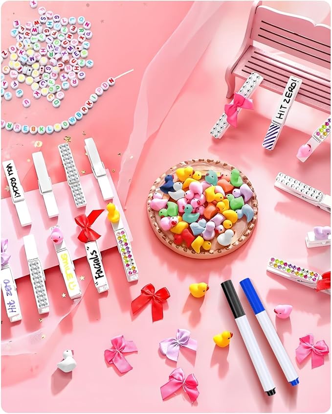 Cheer Pins for Backpack Cheer Stuff Kit 70 White Colored Clothes Pins with Mini Resin Ducks Bows Letter Beads Team Cheerleaders Gifts Bulk Pin Me Ribbon for Bag Decorations Competition Spirit Clips