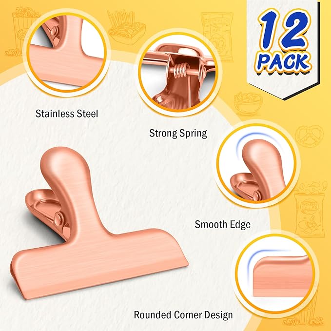 VNDUEEY 12 Pack Stainless Steel Chip Bag Clips, Chip Clips for Food Bags, Air Tight Seal Bag Clip for Snack, Heavy Duty Clip for Office and Kitchen - 3 Inches, Rose Gold