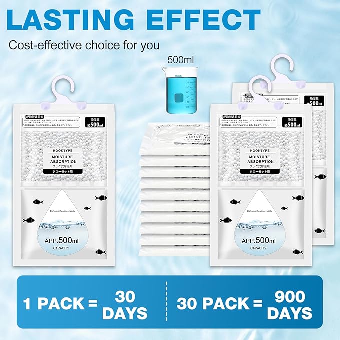 Nuanchu 30 Pack 500 ml Moisture Absorber Hanging Closet Dehumidifier Bags Unscented Hanging Humidity Absorber Desiccant Moisture Absorb in Wardrobes Bedrooms Bathrooms Kitchen