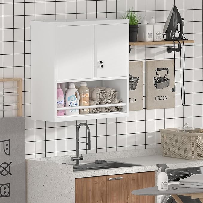 Metal Wall Storage Cabinet, Steel Storage Cabinets with Locking Doors and Shelves, Hanging Cabinet with Guard Bar, Ideal for Kitchen, Laundry, Home Office