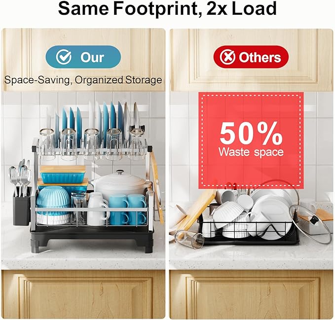 GSlife Dish Drying Rack for Kitchen Counter - Stainless Steel 2 Tier Dish Drainer with Cutting Board, Cup Holder and Utensil Holder, Auto Drain, 21" L x 12.6" W, Silver