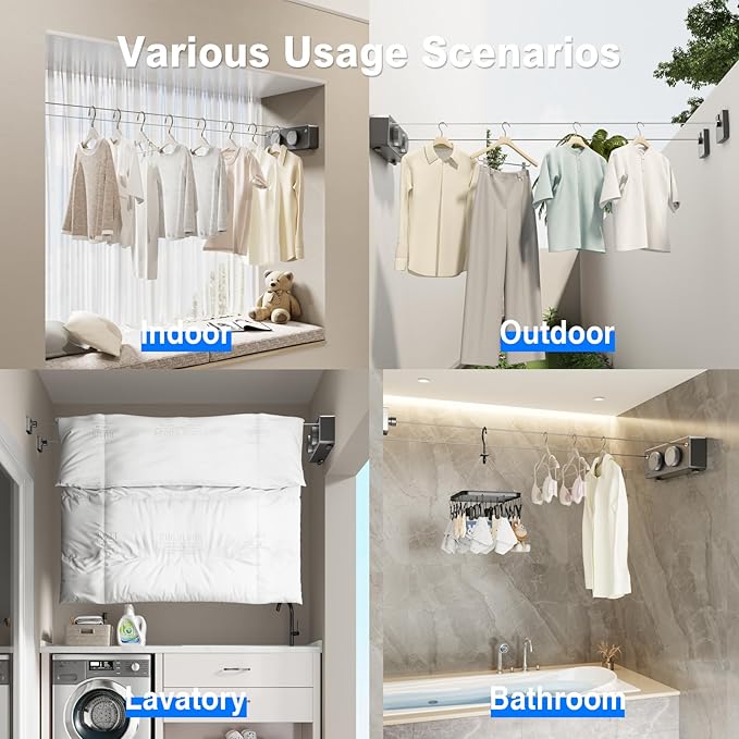 Retractable Twin Clothesline Indoor, Non-Sagging Outdoor Clothes Line Retracting Heavy Duty Clothes Drying Laundry Line Wall Mounted Stainless Steel Line-13.8Feets(Double Line-Gray)