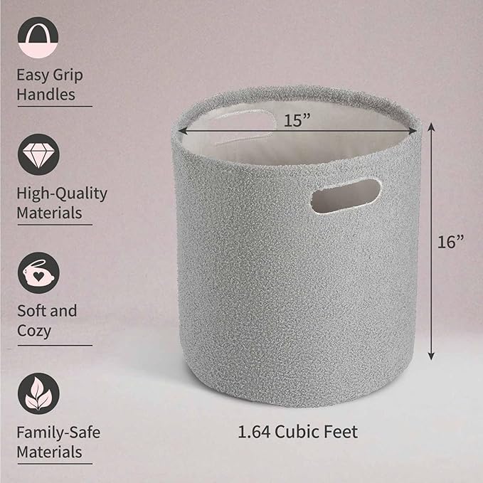 PUTSKA Basket – Round Storage for Toys, Clothes, Stuffed Animals – Soft Baby Girl Basket for Nursery, Kids Room, Bedroom, Living Room – Large, Grey