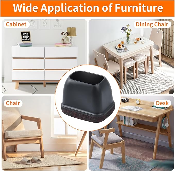 Ezprotekt 8 Pcs Rectangle Black Felt Chair Leg Floor Protectors for Hardwood Floors, Rectangle Silicone Chair Leg Caps, Furniture Leg Covers Cups for Chair Table (Fit L :1.3-1.7", W: 0.6-0.9")