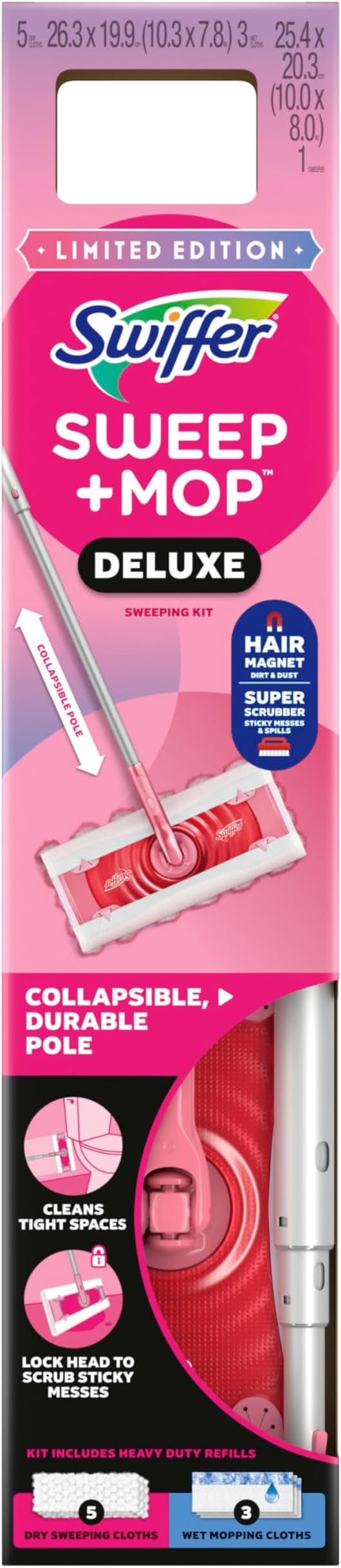 Swiffer Sweep and Mop Deluxe, Limited Edition Pink Wicked: for Good, 2-in-1 Floor Mopping and Sweeping Kit, 1 Sweeper Device, 5 Heavy Duty Dry Sweeping Cloths, 3 Heavy Duty Wet Mopping Cloths