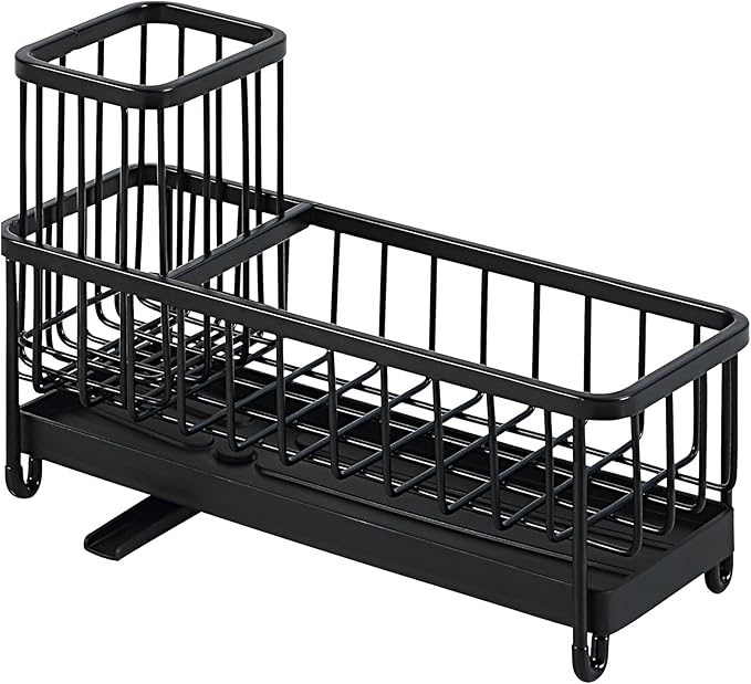 SunnyPoint Never Rust Stainless Utensil, Sink Cleaning Tools Holder for Kitchen Sink With Drain Board; Dish Wand, Sponge, Soap Dispenser, Utensil Organizer Caddy (BLK)