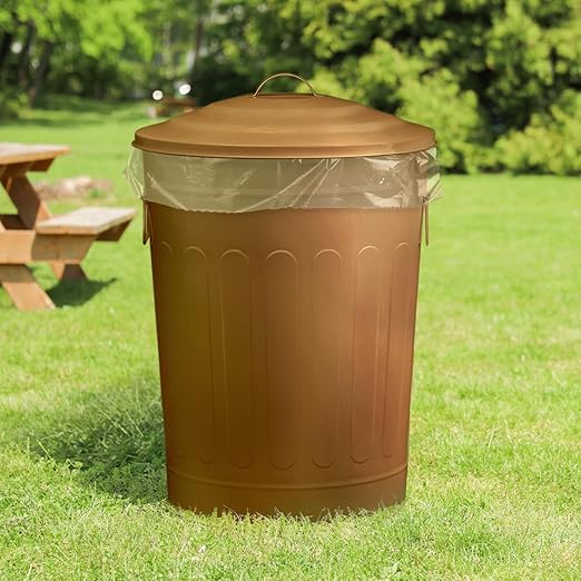 Plexon Round Trash Can 13 Gallon, Vintage Metal Outdoor Trash Can with Lid, Retro Farmhouse Garbage Container, Old School Modern Ash Bucket, Copper 3 Pack