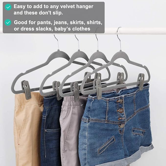 Grey Hanger Clips for Velvet Hangers - 40 PCS Gray Nonslip Velvet Hanger Clips, Skirt Hanger Flocking Clips Fit for Slim Velvet Hangers