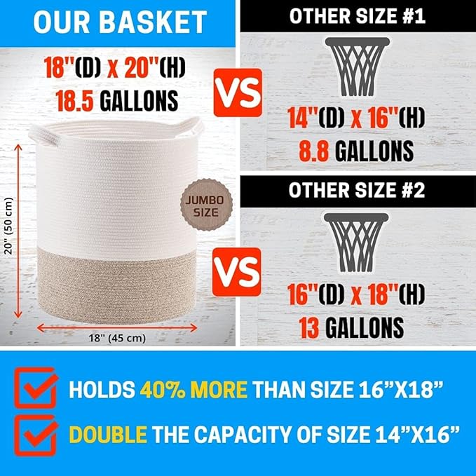 MINTWOOD Design 83L Extra Large 20x18 Inches Decorative Woven Cotton Rope Basket, Tall Laundry Basket Hamper, Blanket Basket for Living Room, Round Storage Baskets for Pillows, Towels, Light Brown