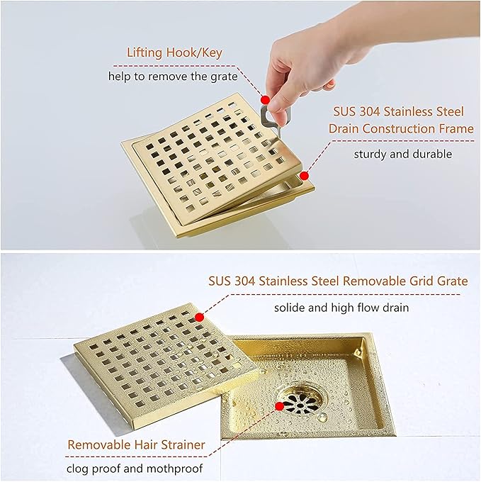 RANDOM Brushed Gold Shower Drain Square 6 Inch Shower Floor Drain with Grid Grate & Removable Hair Strainer 304 Stainless Steel Shower Drain Cover Bathroom Accessories.98738BG