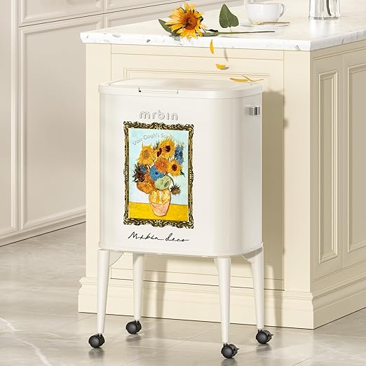 MRBIN Metal Kitchen Trash Can with Wheel Legs, 36L / 9.5gal Medium Press Lid Slim Waste Basket, Pet Proof Tall Narrow Garbage Pail for Vanity, Bedroom, Bathroom, Living Room, Sunflower