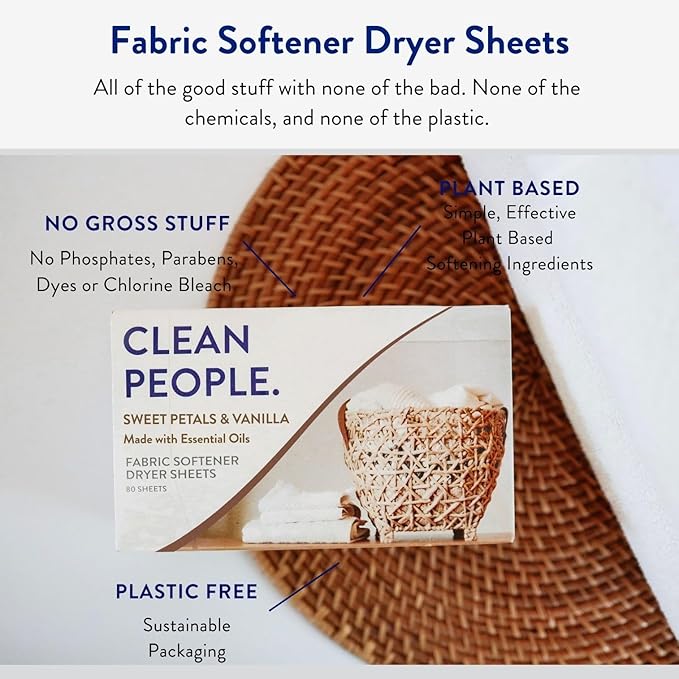 The Clean People Fabric Softener Sheets - Dryer Sheets - Softens & Removes Static Cling - Vegan Laundry Softener, Essential Oils - Sweet Petals, 120 Pack