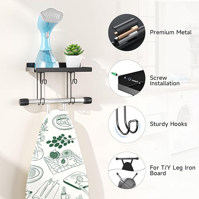 Ironing Board Holder Wall Mount, Ironing Board Hanger with Storage Shelf, Iron Board Holder for Wall, T&V Shaped Iron Board Hanger, Irons Storage for Laundry Room