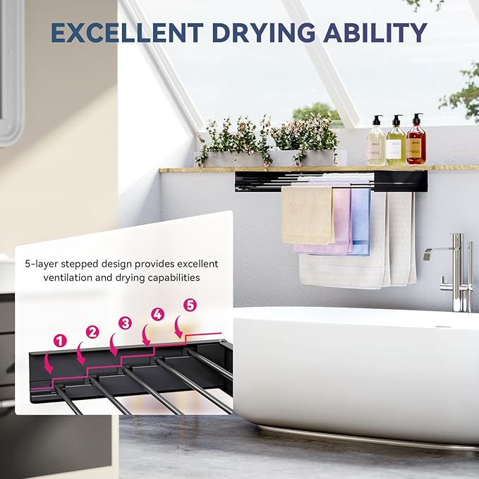 APEXCHASER Wall Mounted Clothes Drying Rack, Laundry Drying Rack Foldable, Towel Racks for Bathroom Balcony Laundry Room Wall Mounted, Collapsible Drying Rack for Clothing, 31.5", Black