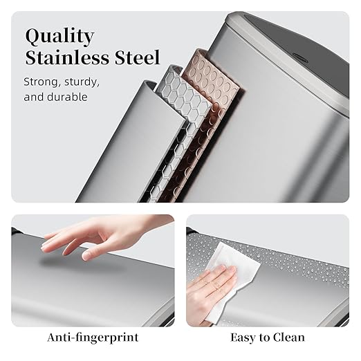2.1 Gallon Bathroom Trash Can with Lid Press Top, 8 Liter Stainless Steel Garbage Can with Press Type Lid, Slim Trash Bin Waste Basket for Toilet, Office, Bedroom, Living Room (Silver)