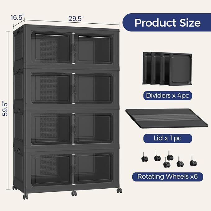 160GAL Storage Bins with Lid and Wheels, Stackable Closet Organizers and Storage Drawer, Collapsible Storage Box with Dividers, Foldable Plastic Cabinets Cubes Totes for Garage, 4 Pack Black