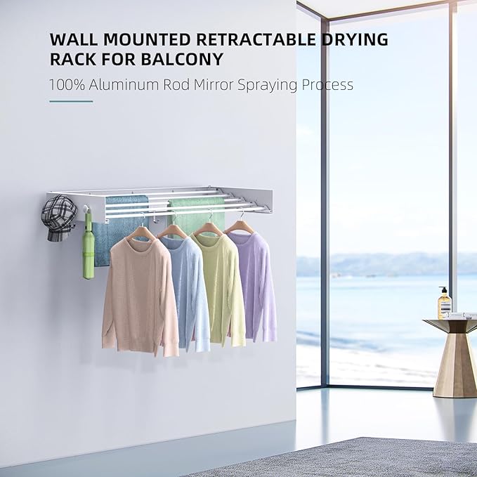 Drying Rack Clothing,Clothes Drying Rack Wall Mounted,Laundry Drying Rack Wall Mount,Foldable,Collapsible,60 lb Capacity 5 Aluminium Poles with 12 Hooks,Space Saving Clothes Drying Rack,White 40"
