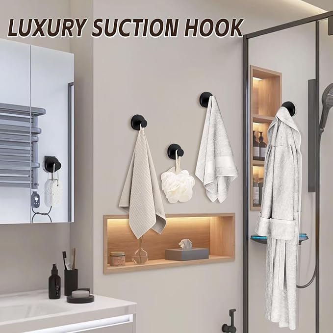 Reusable Heavy Duty Suction Cup Hooks for Kitchen/Bathroom/Shower - Wet-Proof Hooks for Towels, Robes, Loofah&Wreaths/No Drill Mounting on Glass, Tile, Metal (4, Matte Black)