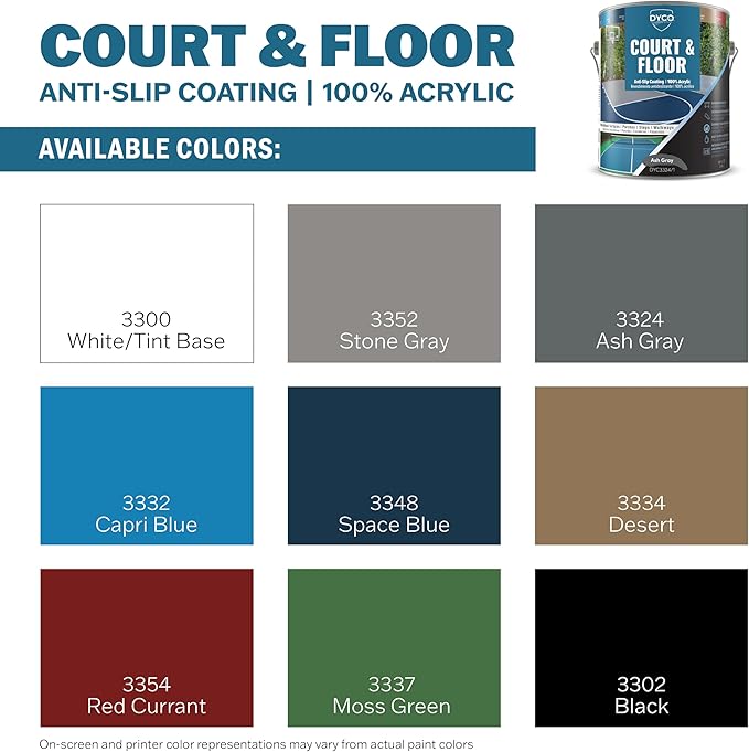 DYCO Court & Floor Anti-Slip Coating - Slip-Resistant Pavement, Cement & Concrete Paint for Pickleball, Tennis & Basketball Courts, Exceeds ADA Standards for Safety Areas (Ash Gray, 1 Gallon)