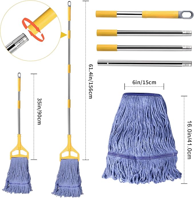 Commercial Mop with Extra Head Replacement, 63Inch Handle Heavy Duty Industrial Mop Looped-End String Wet Mops for Floor Cleaning for Warehouse, Workshop, Garage, Office, Home (2 Mops Head)