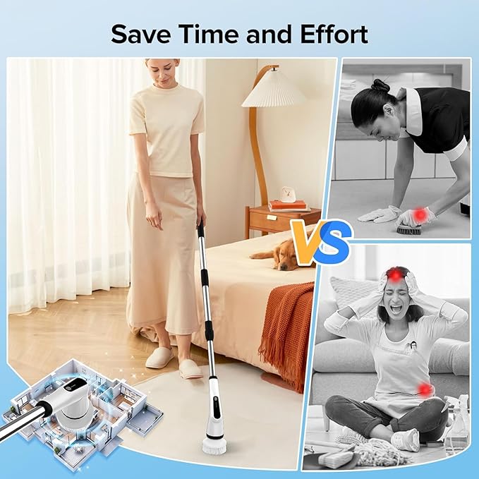 WKY-Electric Spin Scrubber - Upgraded 12-in-1 IPX7 Waterproof Shower Cleaner Brush, Retractable Handle & 2-Speed for Bathroom, Bathtub, Kitchen, Tile Floors