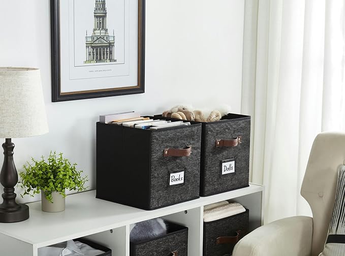 DECOMOMO Storage Bins, Cube Storage Bin with Labels, Fabric Storage Cubes for Shelves (10.5" x 11" / 6pcs, Black Pattern)