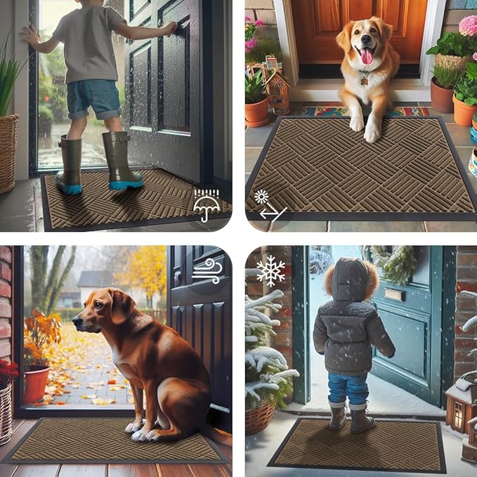 Smiry Front Door Mat Outside Entrance, Heavy Duty Outdoor Indoor Natural Rubber Doormat, Non Slip, Trap Dirt and Moisture, Easy Clean, Low Profile Patio Porch Entryway Mat, 29.5x17, Brown