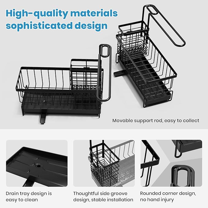 Kitchen Sink Caddy, Sponge Holder with 360 Degree Rotating Drain, Carbon Steel Organizer with High Brush Holder Rustproof, Sink Caddy Organizer for Kitchen Gadgets and Decor