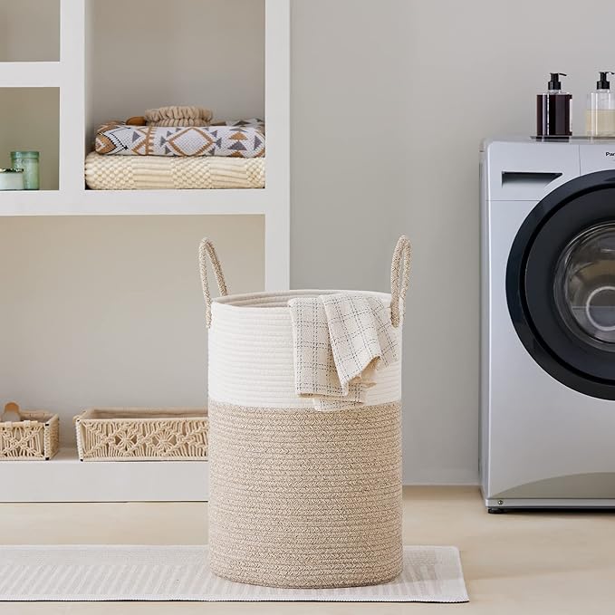VIPOSCO Large Laundry Hamper, Tall Woven Rope Storage Basket for Blanket, Toys, Dirty Clothes in Living Room, Bathroom, Bedroom - 72L White & Brown