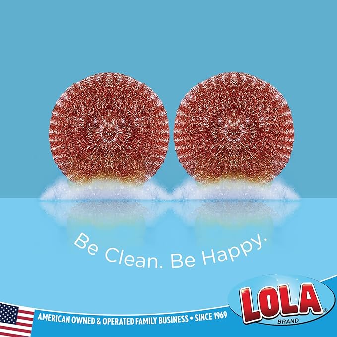 LOLA Copper Mesh Scouring Pad, 18 Grams, 12 Pack, eavy Duty Cleaning Pads, Copper Coated Knitted Flat Wire Mesh, Recyclable, Cleans Baked On Messes