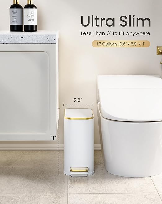 Cesun Small Bathroom Trash Can with Lid Soft Close, 5 Liter/1.3 Gallon Stainless Steel Garbage Can with Removable Inner Bucket, Step Pedal, Slim Waste Basket for Toilet, Office, Bedroom (White&Gold)