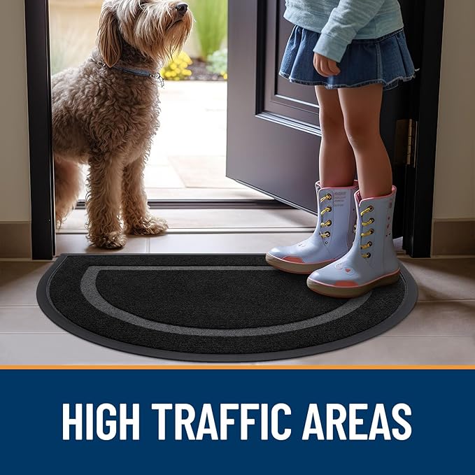 OLANLY Half Circle Door Mat Indoor Outdoor Entrance Welcome, Waterproof All-Season, All-Weather Doormat, Sturdy Natural Rubber, Low Profile, Easy Clean Patio Porch Entryway Mat, 47x23, Black