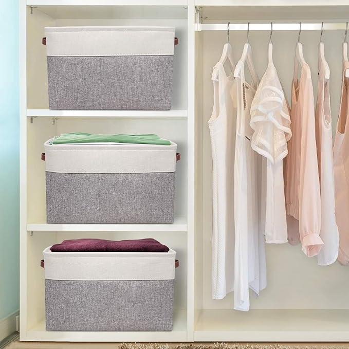 Univivi 15 inch Large Storage Baskets 4PC Gray Hard Bottom Foldable Storage Bins with PU Handles for Shelf Rectangle Fabric Baskets for Organizing (15”X10.5”X9.5”)