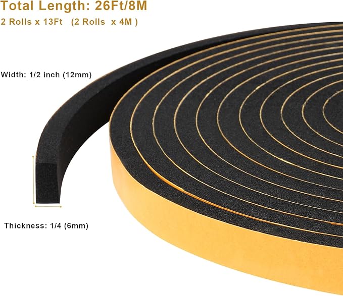 Weather Stripping 1/2 in x 1/4 in, High Density Foam Insulation Tapes, Weatherproof Seal Strips, Soundproof Weatherstrip for Door Window, 2 Rolls Total 26Ft