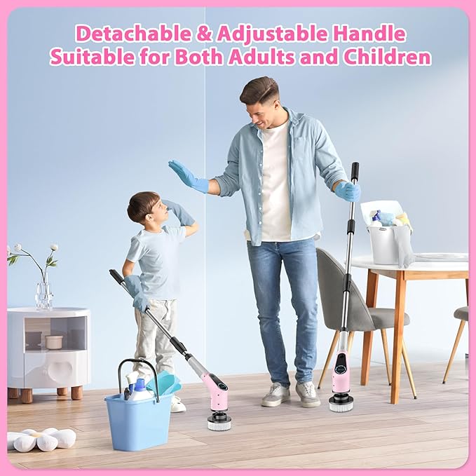 Electric Spin Scrubber, Cordless Cleaning Brush, Shower Scrubber with 8 Replaceable Brush Head, Power Cleaning Brush with Extension Handle, 2 Adjustable Speed, for Bathtub Tile Floor (Pink)