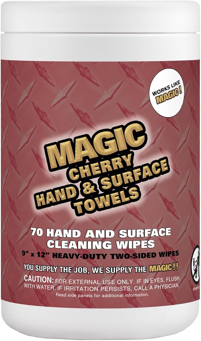 Magic Cherry Scented Heavy Duty Cleaning Wipes - Dual Sided Hand & Surface Shop Towels | Professional-grade Cleaning | Waterless | Cleans Grease, Oil, Dirt, & more (6 Pack | 420 Sheets Total)