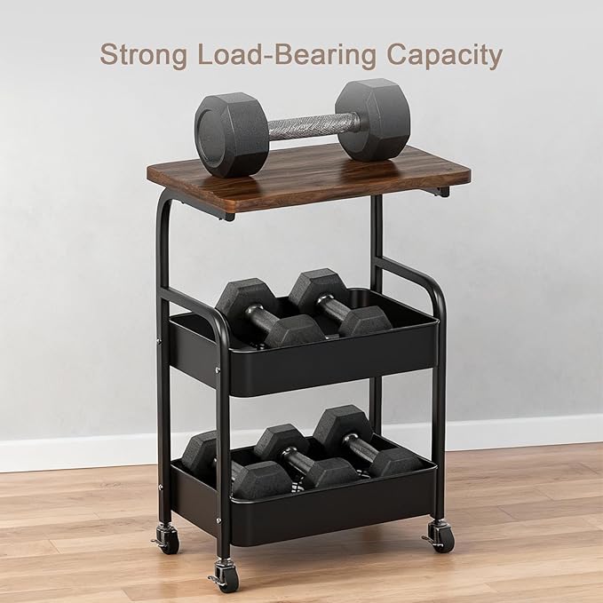 Rolling Cart with Wooden Tabletop 3-Tier Metal Utility Rolling Cart Storage Organizer with Lockable Wheels for Kitchen, Office, Bedroom
