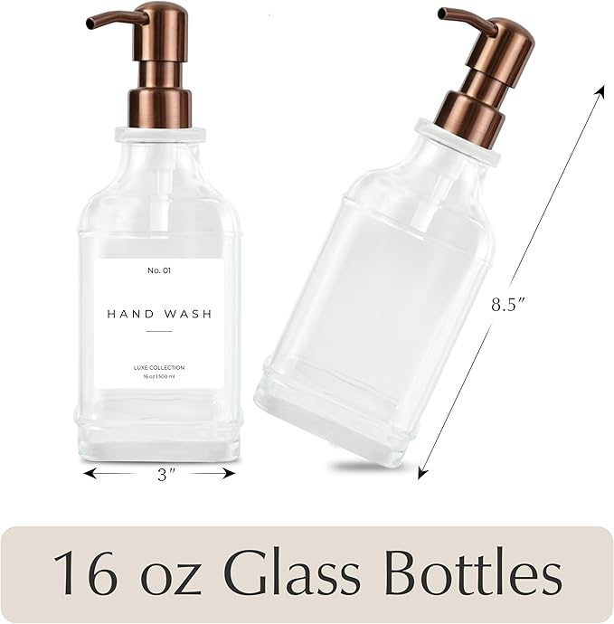 Emerson Essentials Soap Dispenser, Dish Soap Dispenser, Soap Bottle Bathroom Set, Farmhouse Stainless Steel, Kitchen Soap Dispenser Set - Glass Soap Dispenser with Pump and Labels, 16 Oz, 2 Pack