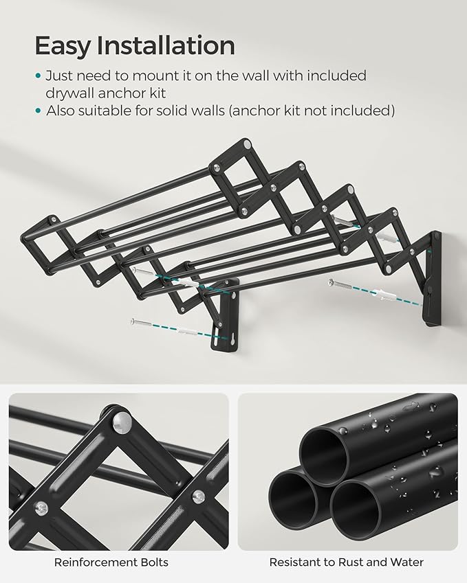 SONGMICS Clothes Drying Rack, Wall-Mounted Drying Rack Clothing, Small Accordion Laundry Rack, 9 Staggered Hanging Rods, Expandable and Retractable, Ink Black ULLR802B01