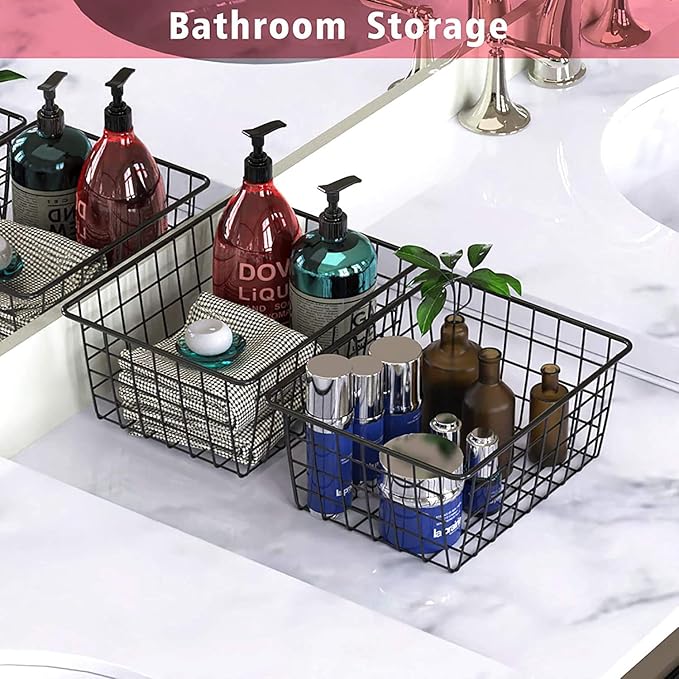 Metal Wire Food Storage Basket Organizer with Wooden Handles for Organizing Kitchen Cabinets, 2 Packs-Black-large