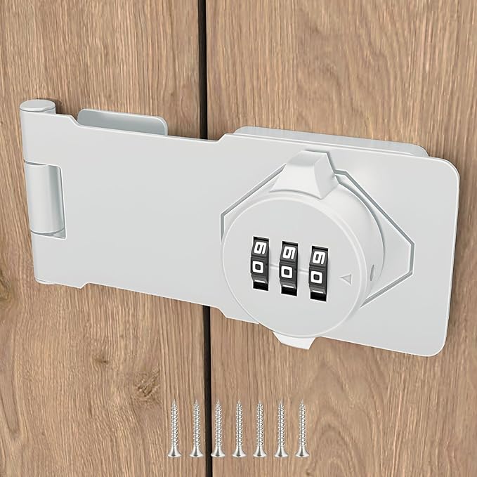 Keyless Combination Lock –3-Digit Combination Lock for Cabinet Doors – Twist Knob Hasp Latch Lock with Password Code – Zinc Alloy Cabinet Door Latch for Kitchen Drawers, Cabinets, Cupboard (White)